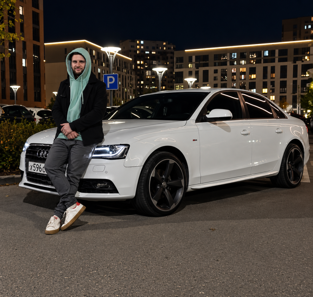 Андрей рядом с автомобилем в Тюмени